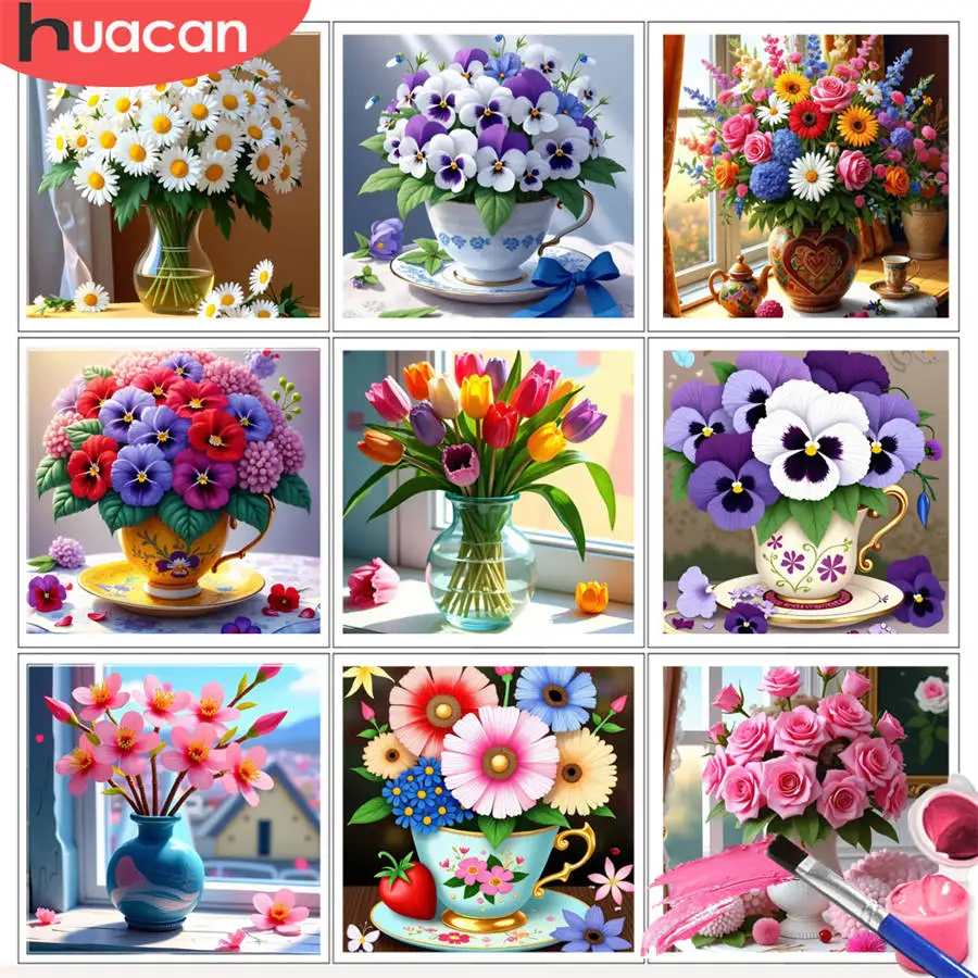 HUACAN مجموعات الطلاء حسب الأرقام الإقحوانات الساحرة في مجموعة مزهرية ريفية الأزهار DIY بها بنفسك النفط الرسم Artcraft Handpaint ديكور المنزل