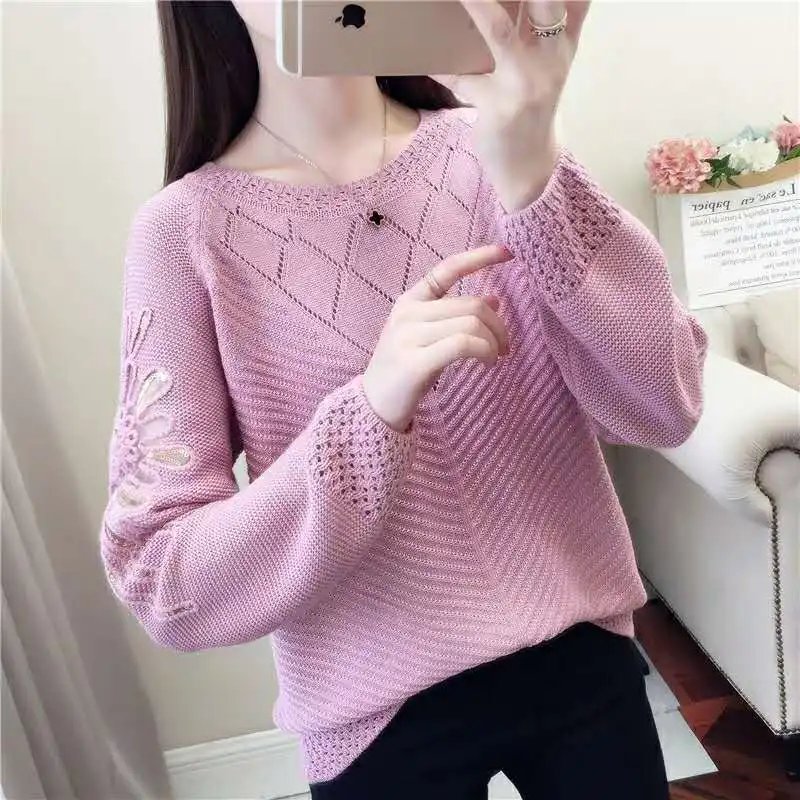 Sweater knit sweater women\'s top 2022 spring dress new loose-fitting hollow-sleeved lace bottoms thin-fitting