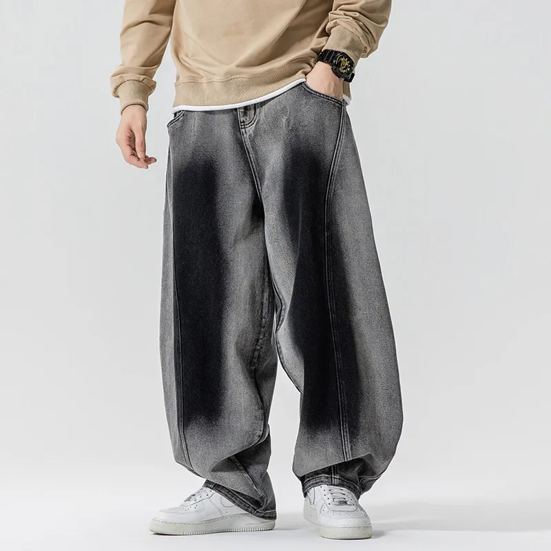 

American Apocalyptic Style Men's High Street Hiphop Wide Leg Lantern Pants Loose Harlan Long Jeans Gradient Color Distressed
