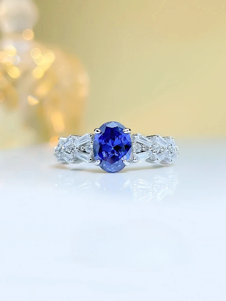 

Fashionable 925 Sterling Silver Denier Tanzanian Blue Ring Set with Imported High Carbon Diamond Engagement Jewelry