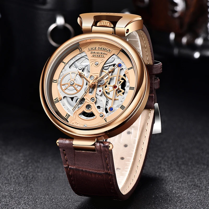 2024 LIGE Men\'s Watch Top Brand Luxury Brown Leather Chronograph Sports Watch Men\'s Fashion Date Waterproof Clock Reloj Hombre