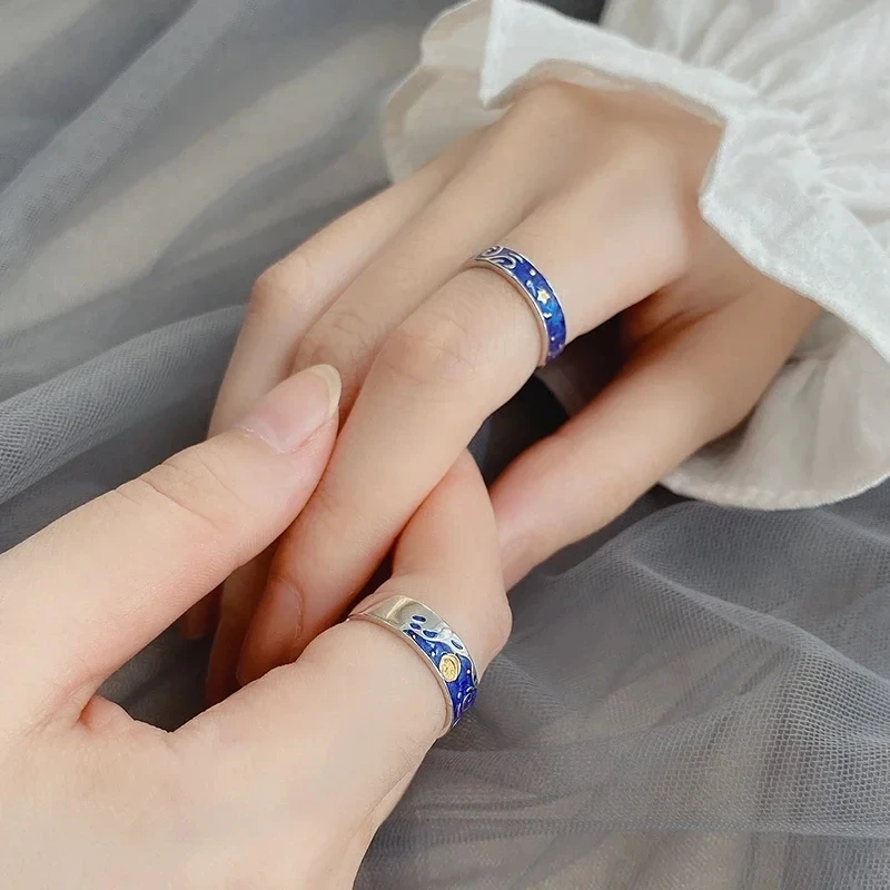 Couple Creative Van Gogh Starry Sky Rings Set Night Star Moon Open Ring for Women Men Lovers Wedding Finger Sliver Ring Jewelry