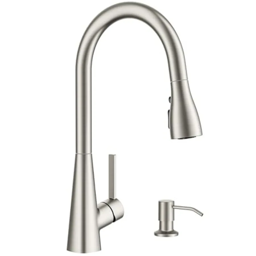 

Кухонный смеситель с дозатором для мыла, выдвижным распылителем, матовый никель, современный, с высоким изливом, из нержавеющей стали, с одной ручкой, для 1 или 3 смесителей