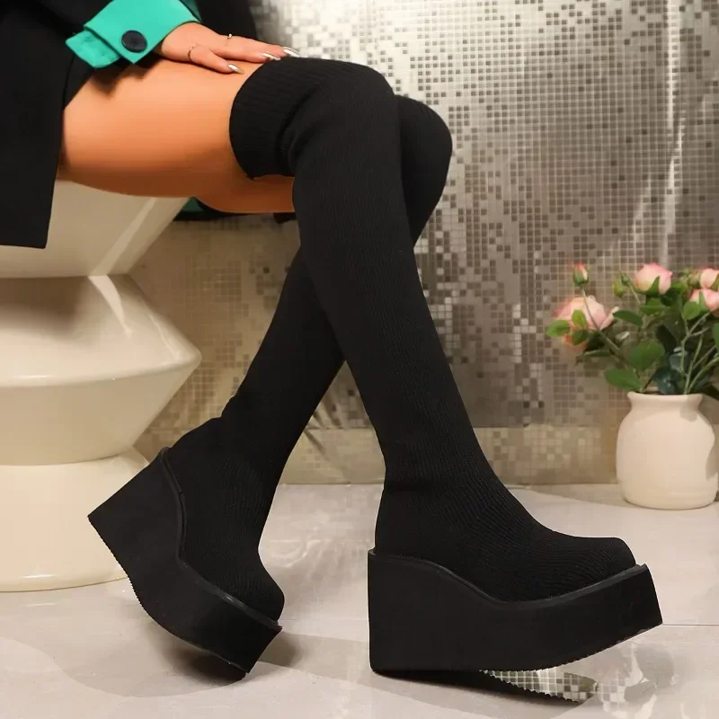 Fashionable Solid Color Women\'s Boots Super High Heel Cloth Sleeve Over-the-knee 2024 New Winter Round Toe Women\'s Boots