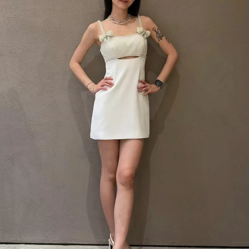 

Women's dress New summer 2025 bead bow decoration mini dress Sexy backless suspender short dresses party dresses Evening dresses