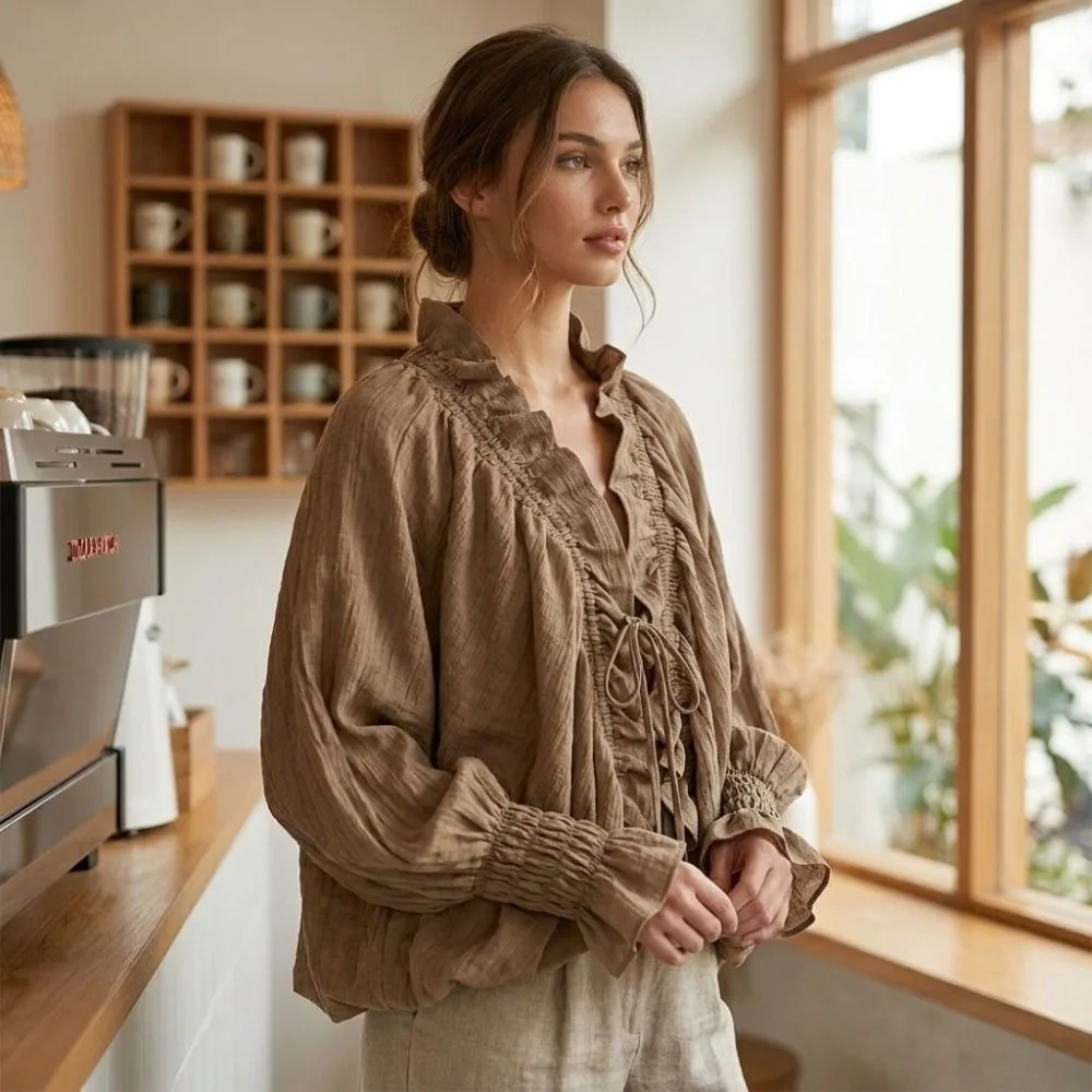 Lace-up Chic Ruffle Blouse V-Neck Loose Lantern Sleeve Chiffon Shirt Bohemian Style Tie Front Batwing Long Sleeve Blouse Spring