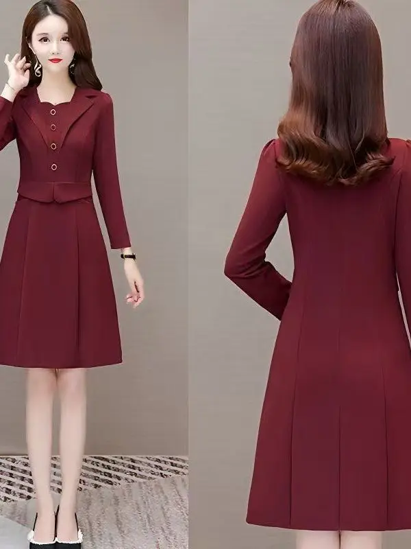 おしゃれなAラインドレススーツ襟付き秋新作着痩せママ服韓国風通勤長袖ミディドレス