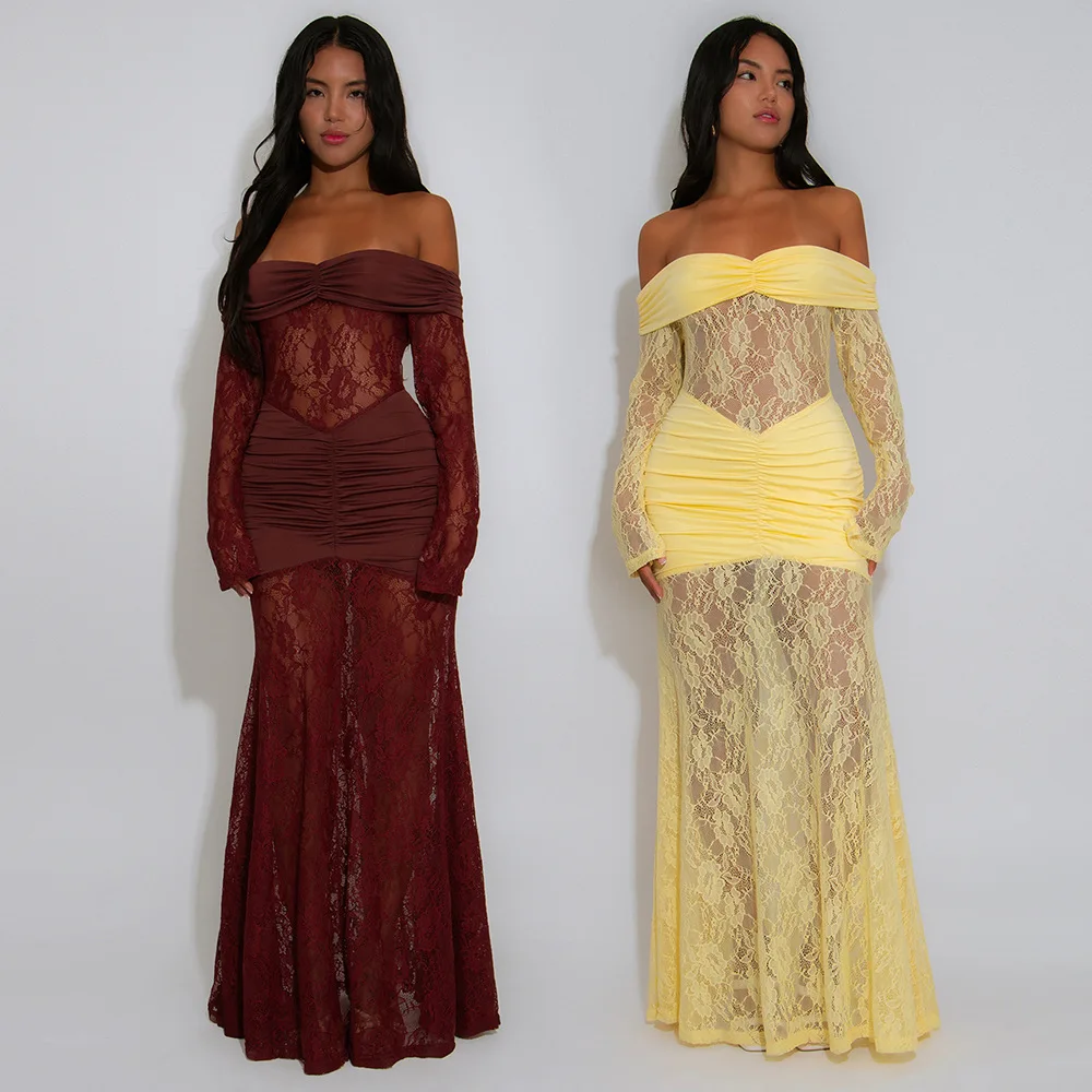 Women Fashion Elegant Lace Long Dress Fashion Sexy Long Sleeve Backless Slim Fit Dress for Women
