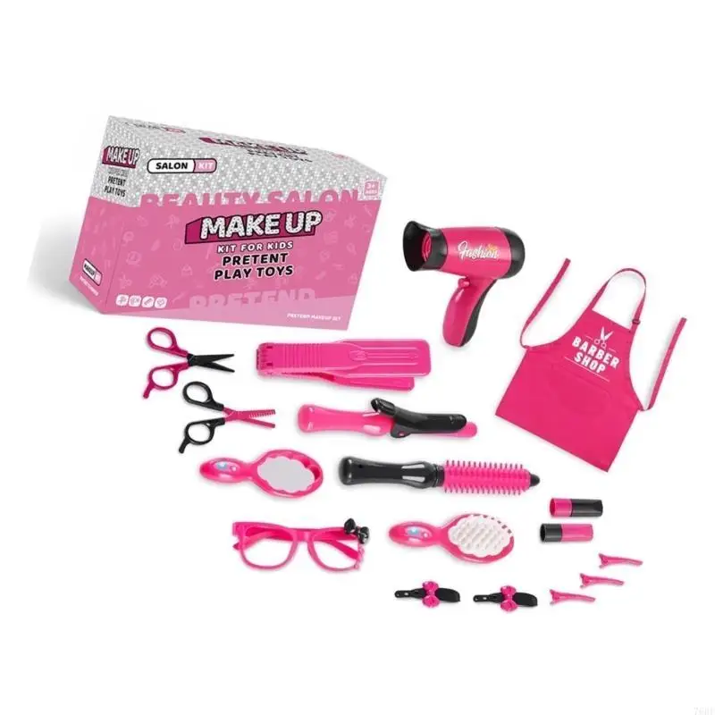 76HF Kids Hair Salon Hairdresser Toy Set with Styling Comb Scissors Blower Pretend Haircut Tool Kits Girl Educational Playset