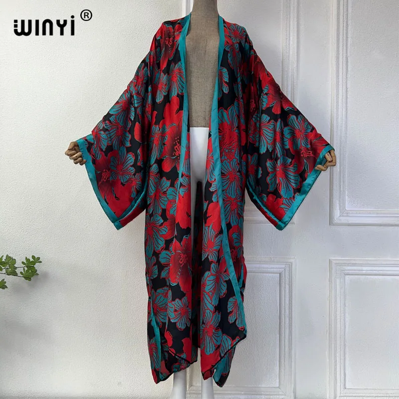 WINYI lato 2024 kwiatowy nadruk okrycie plażowe afrykańskie sweter damski boho wakacje artystyczna odzież sexy Kimono vestidos para mujer