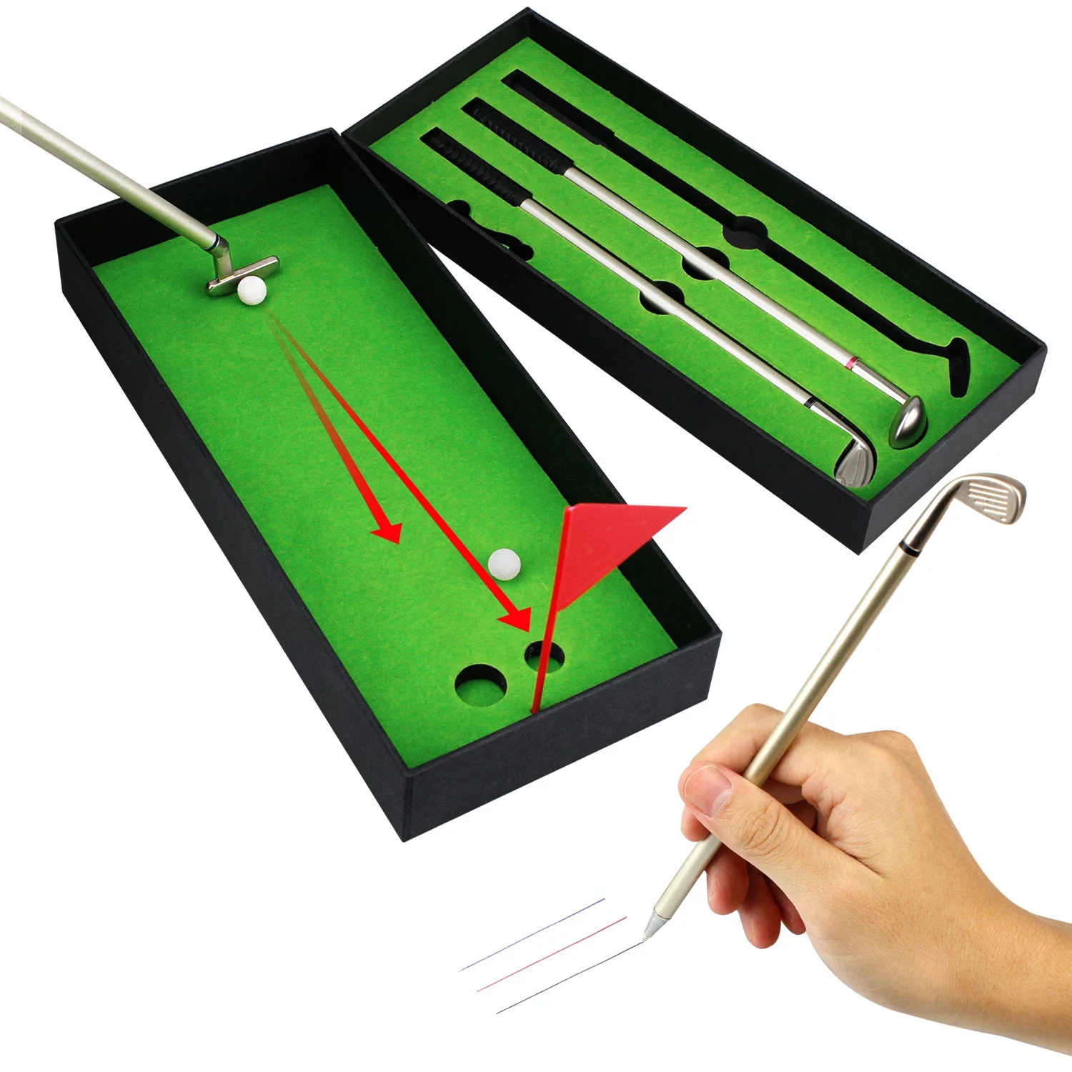 Juego de Mini bolígrafos de Golf de escritorio, regalo que incluye Putter de Golf, 3 palos, bolas, bandera, juegos de escritorio, suministros de