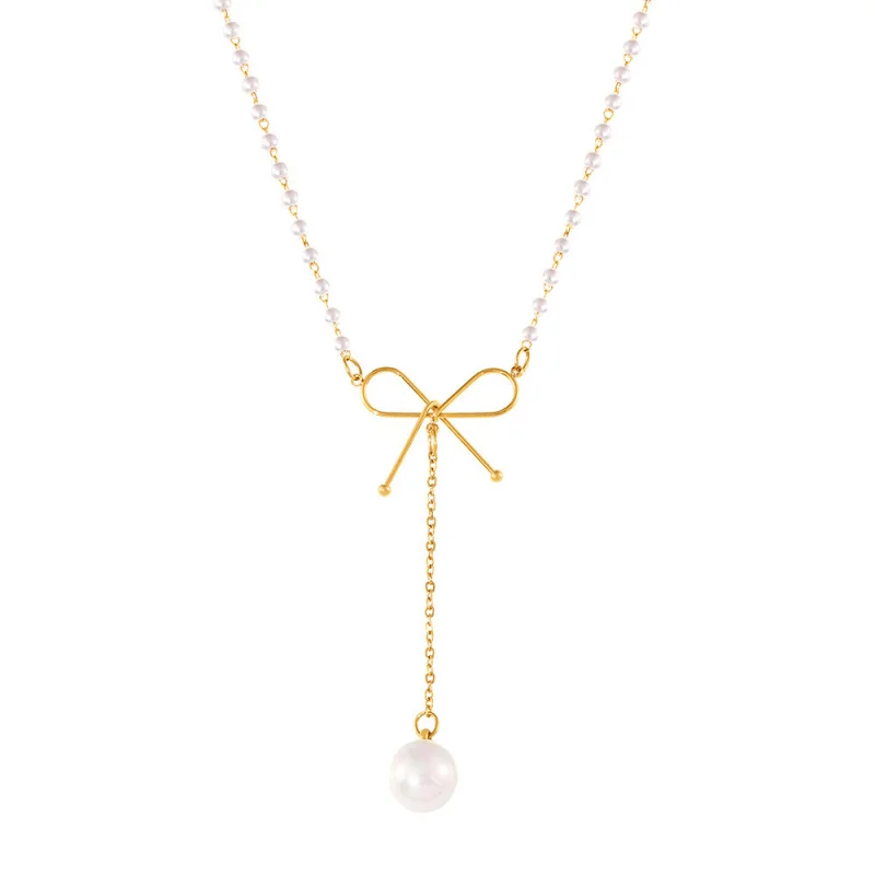 

Elegant Bowknot Imitation Pearl Titanium Steel Necklace Vacuum Plated 18K Gold Waterproof Color Retention Jewelry for Women Gift