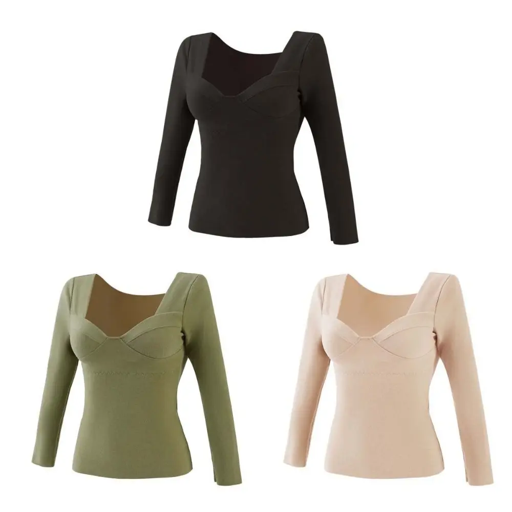 الخامس الرقبة النساء الملابس الحرارية بلون المخملية الصوف ملابس اخلية حرارية الملابس الداخلية غير مرئية الدفء بلوزات طويلة الخريف/الشتاء #6