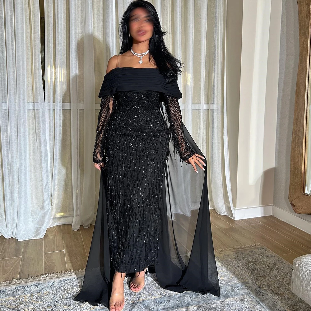 Flechazo Black Straight Evening Dress Boat Neck Off the Shoulder Long Sleeve with Beading Lace Ankle Length Pleat Custom Gown