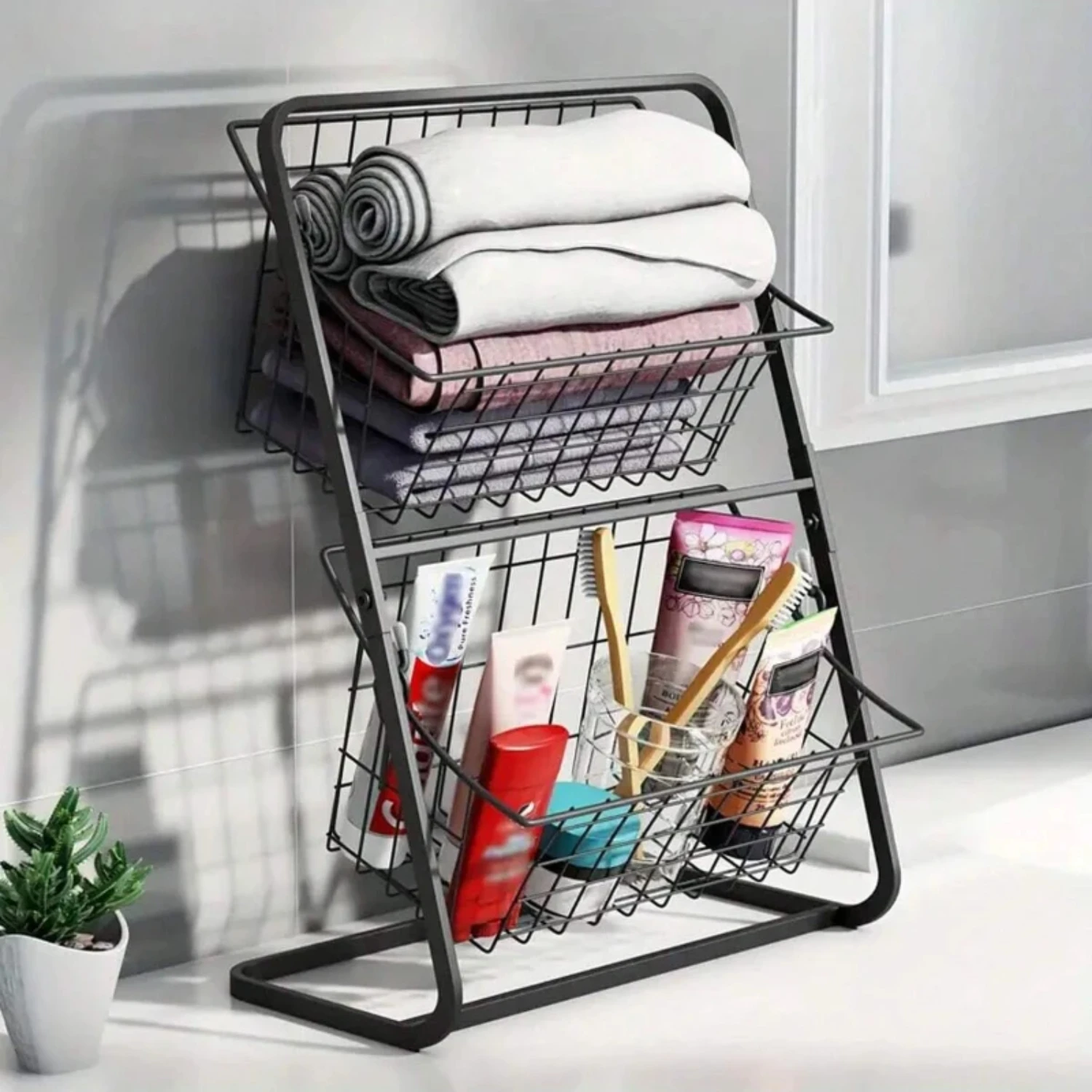 Kitchen Storage Organizer Shelf with Vegetable & Fruit Basket, 1pc Sturdy Metal Kitchen Rack for Bathroom Organizer and Space-Sa