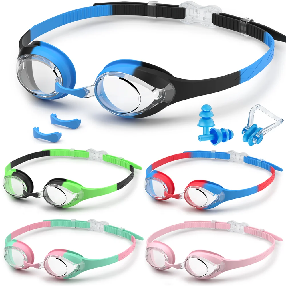 Schwimmbrille für Kinder, Schwimmbrille, beschlagfrei und auslaufsicher, schnell verstellbarer Riemen, austauschbare Nasenbrücke, für Mädchen und Jungen im Alter von 3–14 Jahren
