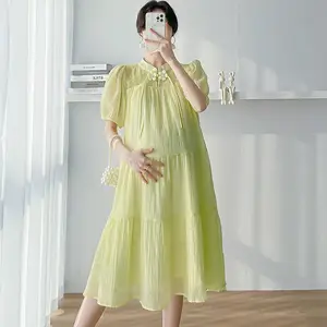 Estilo coreano maternidade solta chinês Cheongsam Puff manga Sweeet mulheres grávidas Chiffon vestido gravidez roupas macias e leves 10 principais vendas pregnant qipao - №9