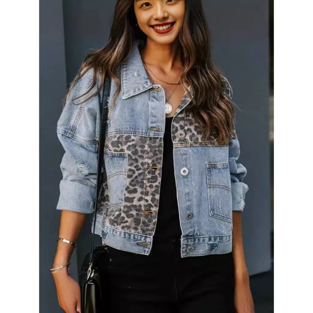 Autumn Winter Women's Long Sleeve Denim Jacket Leopard Print Patchwork Top Independent Station European And American Style