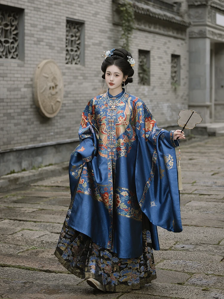 Original Hanfu Costume Ming Dynas eup Flower Pattern Long Coat  Tail Skirt Engagement Ceremony Drinking Wine out of...
