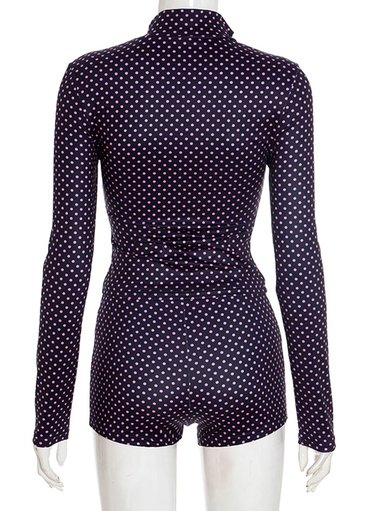 Kricesseen Giacca da donna con cerniera frontale stampata a pois Top e pantaloncini Set Abiti da vacanza Set di co-ordine per ragazze carine Abiti da night club