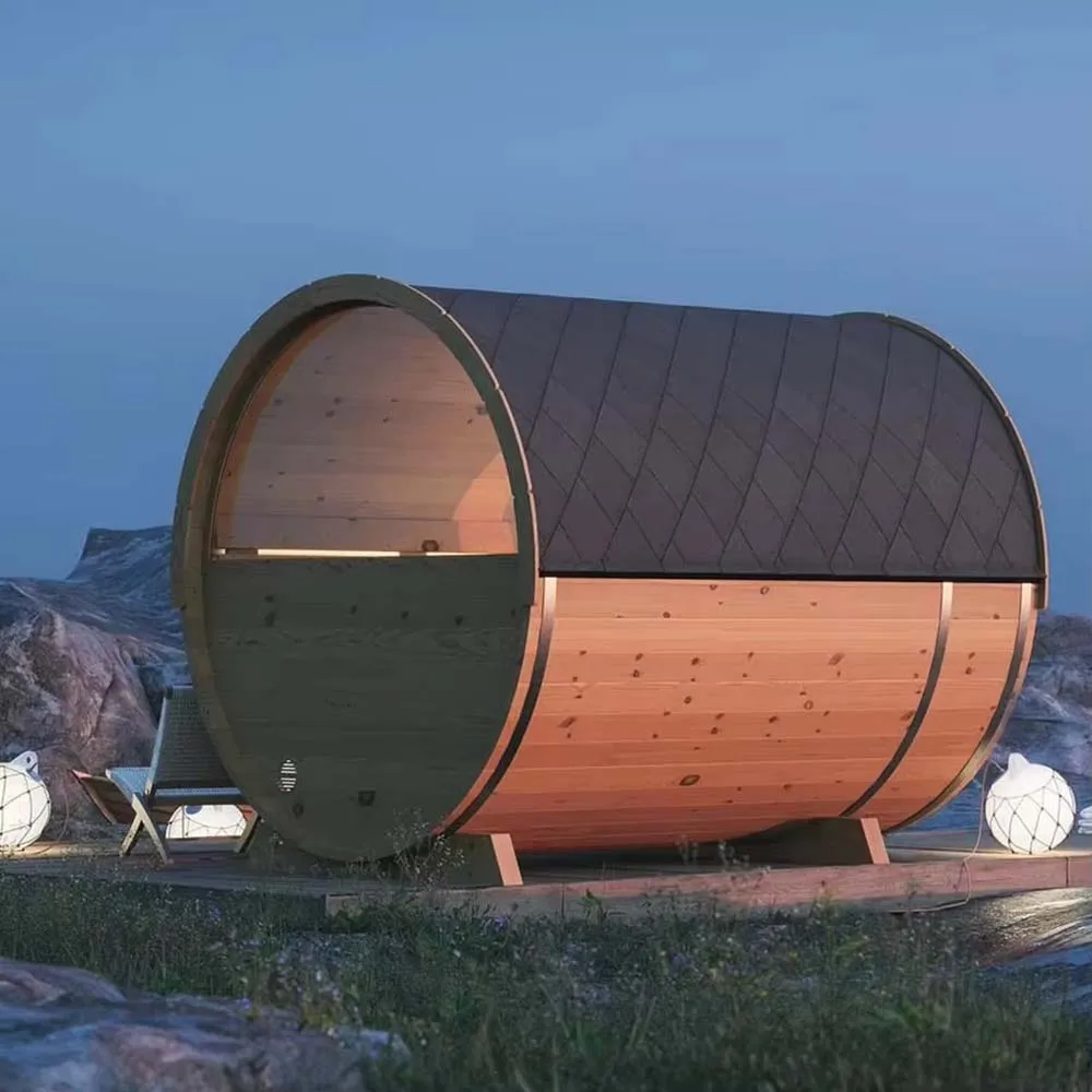 Spliced Red Cedar Traditional Outdoor Barrel Sauna in Resort Hotels With Semi-circular Glass Window