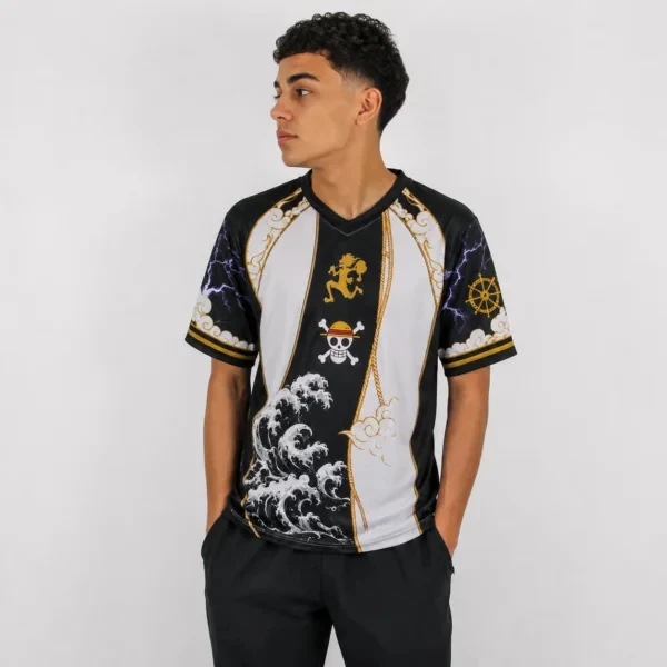 Bandai Anime Shirt with Wave and Pirate Art. Great for Wear, Collection and Gifting To One Piece Fans. Quick Dry Breathable.