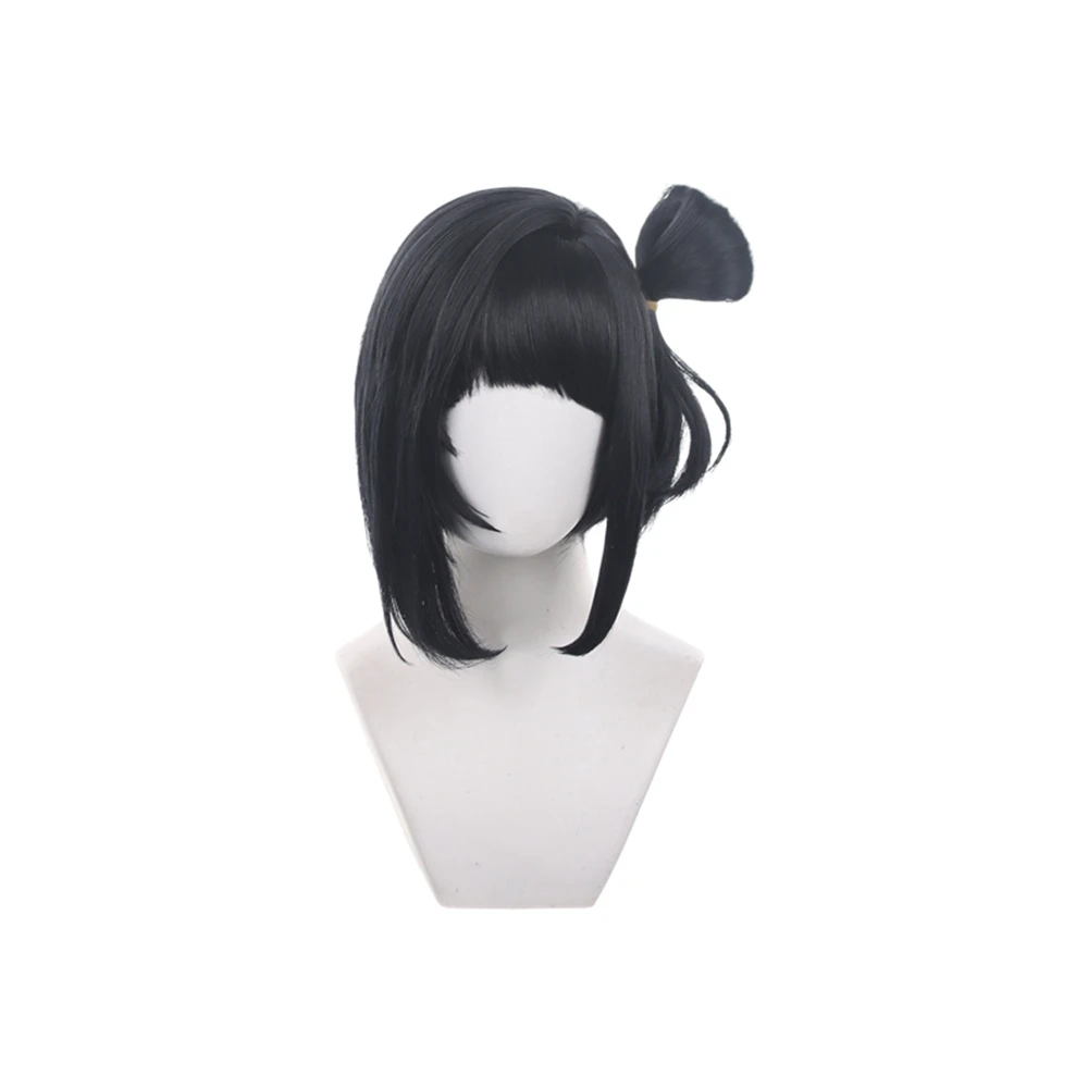 Black Short Bob Cosplay Wig with Side Bun and Blunt Bangs Synthetic Heat Resistant for Women Anime Halloween