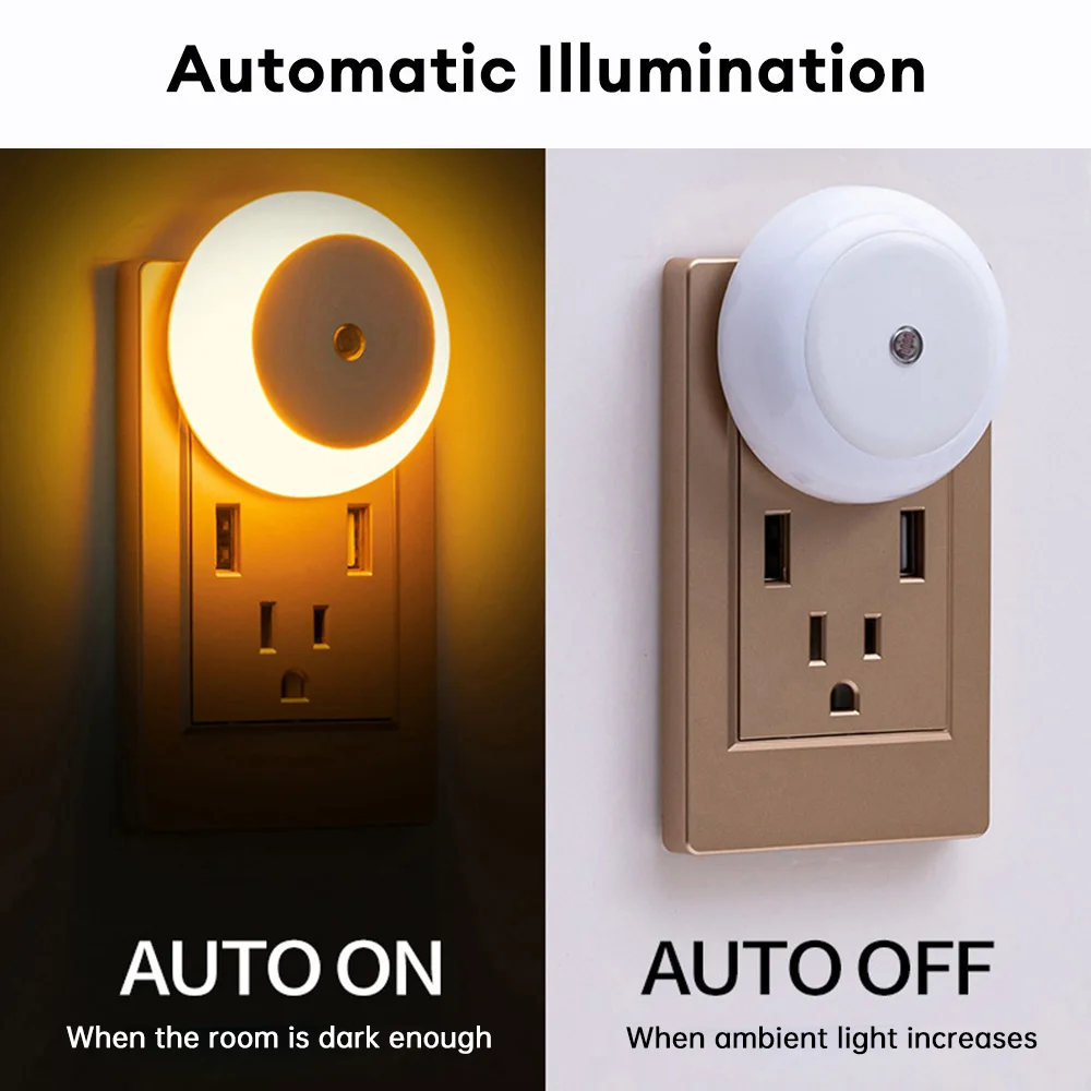 LED Night Light Smart Night Sensor Round Plug in Wall Night Lamp Bathroom Home Kitchen Hallway Staireway Bedroom Nightlight