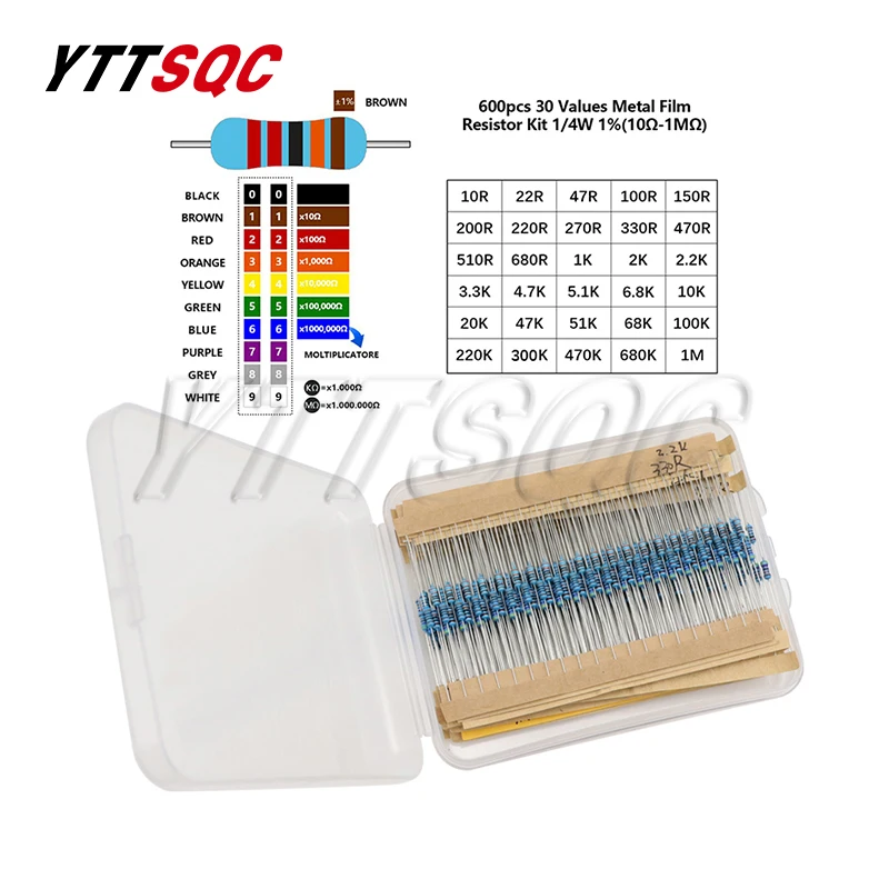 

Комплект металлических пленочных резисторов 600 шт., 1/4 Вт, 30 значений, сопротивление 10 Ом ~ 1 м, набор 1%, упаковка «сделай сам», электронные компоненты