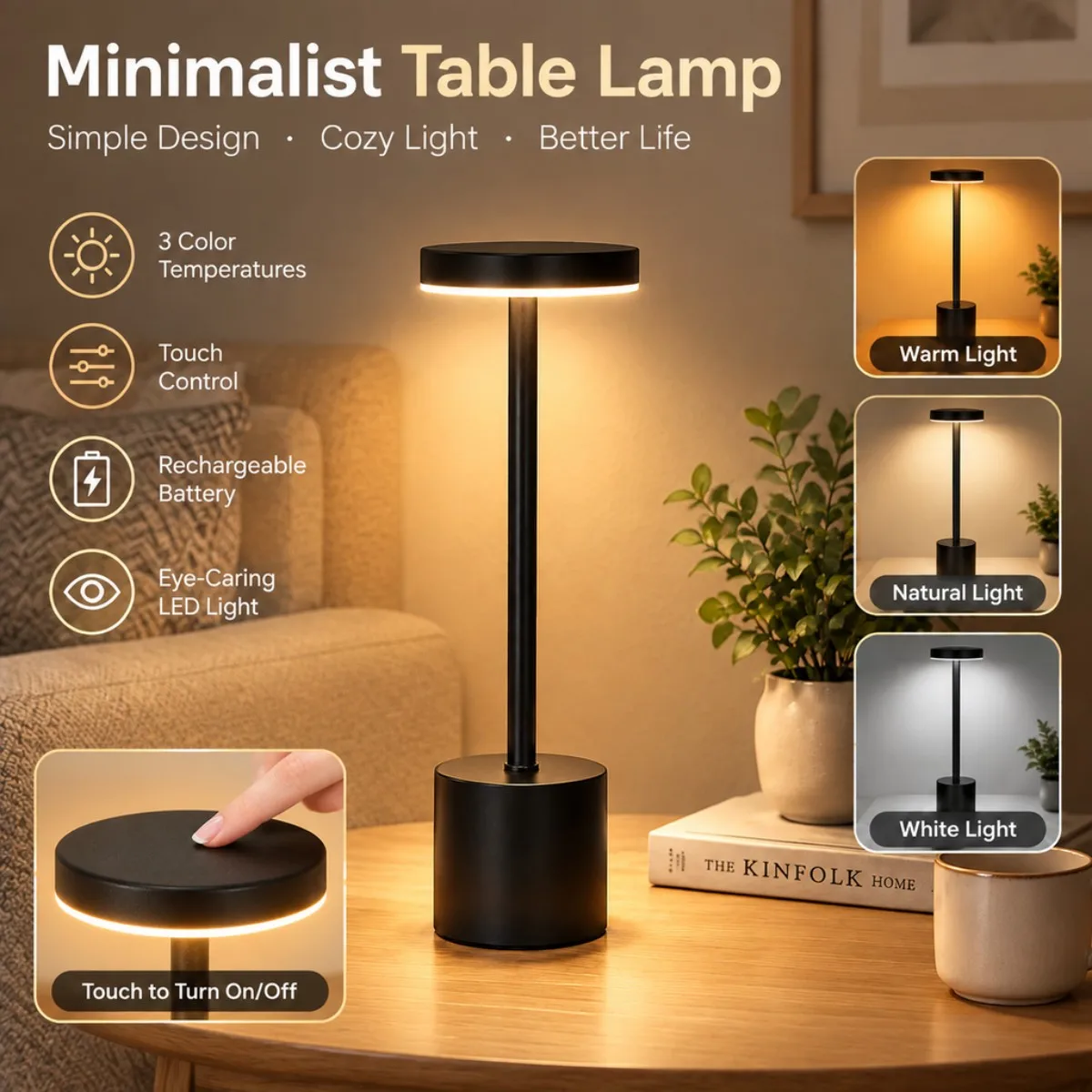 USB Rechargeable LED I-Shaped Desk Lamp, Touch Dimming Nightlight, 3 Color Temperature, Bedroom Bedside, Bar, Restaurant, Cafe.