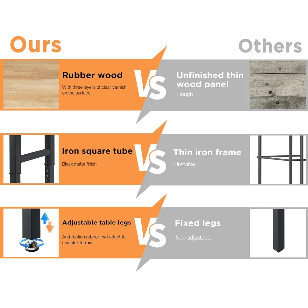 منضدة عمل قابلة للتعديل مقاس 44 × 20 مع منافذ طاقة، منضدة عمل خشبية شديدة التحمل بقوة 2000 رطل مع خطافات، سطح من الخشب المطاطي الصلب #3