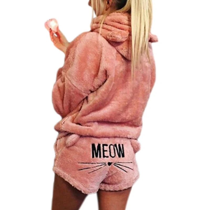 Conjunto pijamas gruesos invierno talla para mujer y niña, bonito bordado con maullido gato