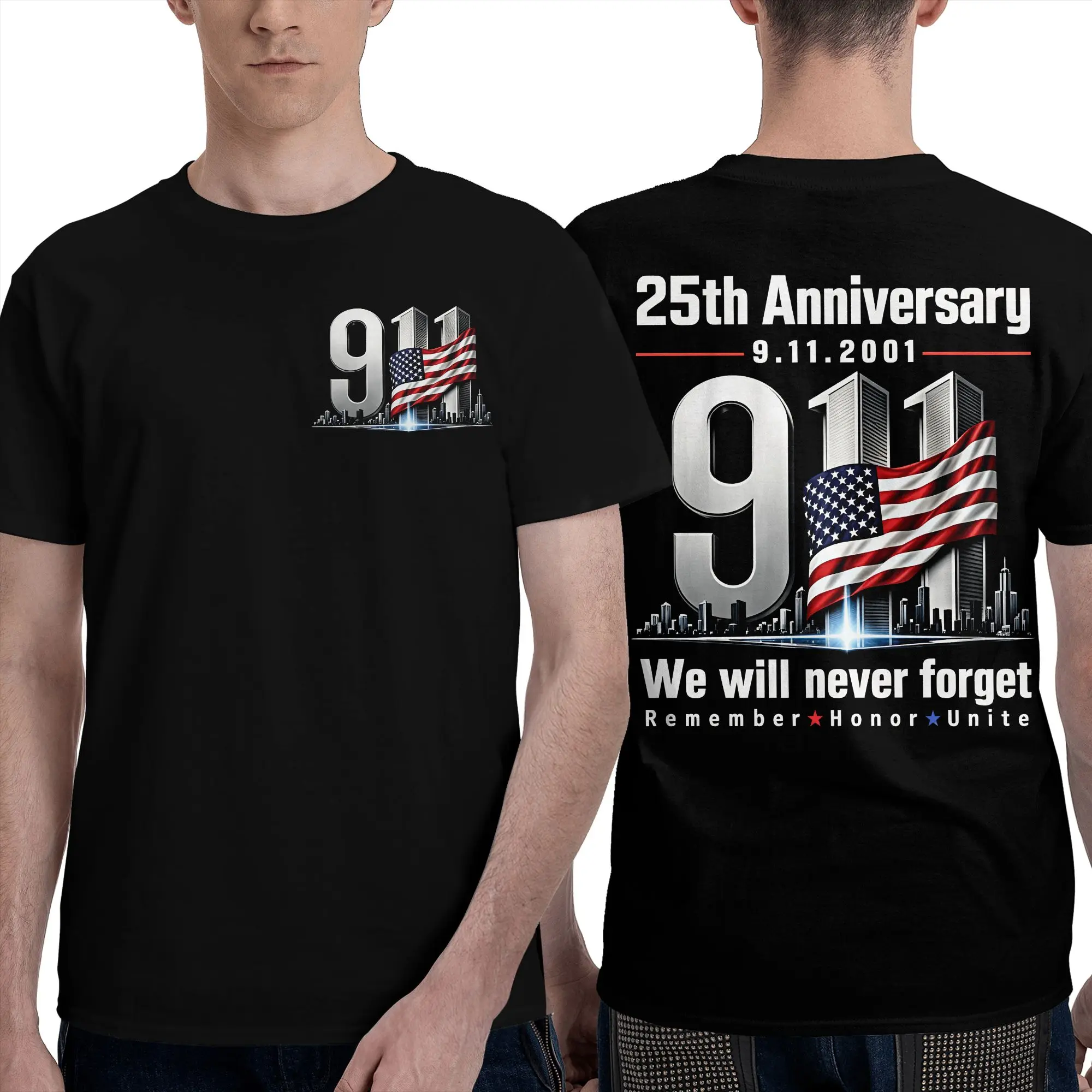 25th Anniversary Never Forget September 11 2001 Memorial Men's T Shirt  Novelty Tee Shirt Short Sleeve Crew Neck T-Shirts Cotton