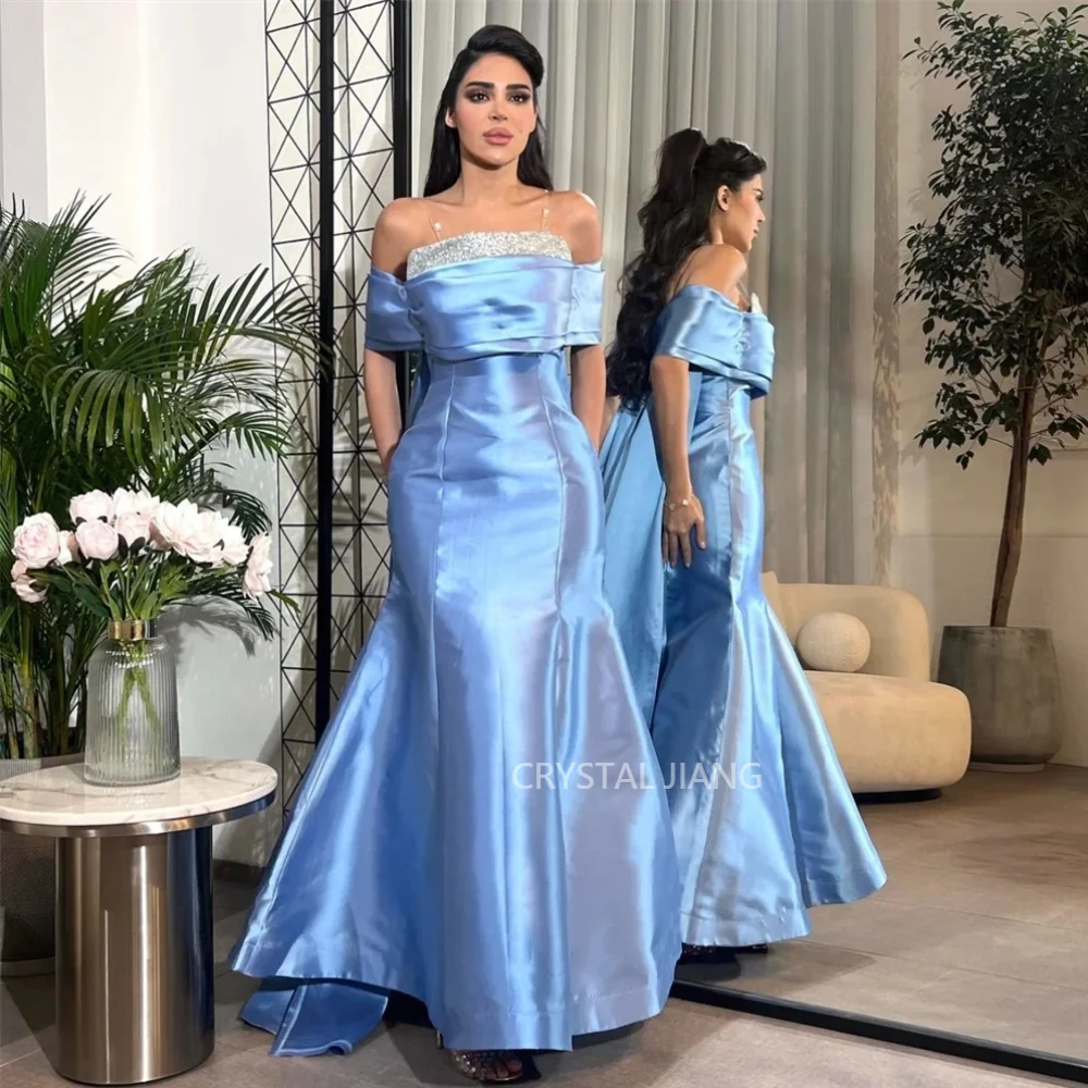 

Vintage Long Blue Off the Shoulder Satin Blue Evening Dresses Short Sleeves Mermaid Floor Length for Women Party Gowns
