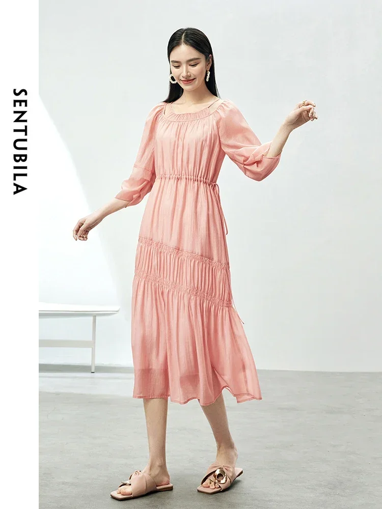 

SENTUBILA Fairycore Holiday Summer Dress Women 2025 Vacation Lyocell Blend Tied Waist Pink Dresses Woman Clothes 142L53765