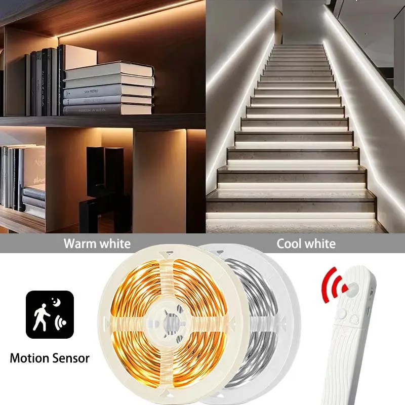 LED motion sensor light strip, warm white 2835 LED strip, automatic on/off, ideal for bedrooms, stairs, porches, wardrobes, and