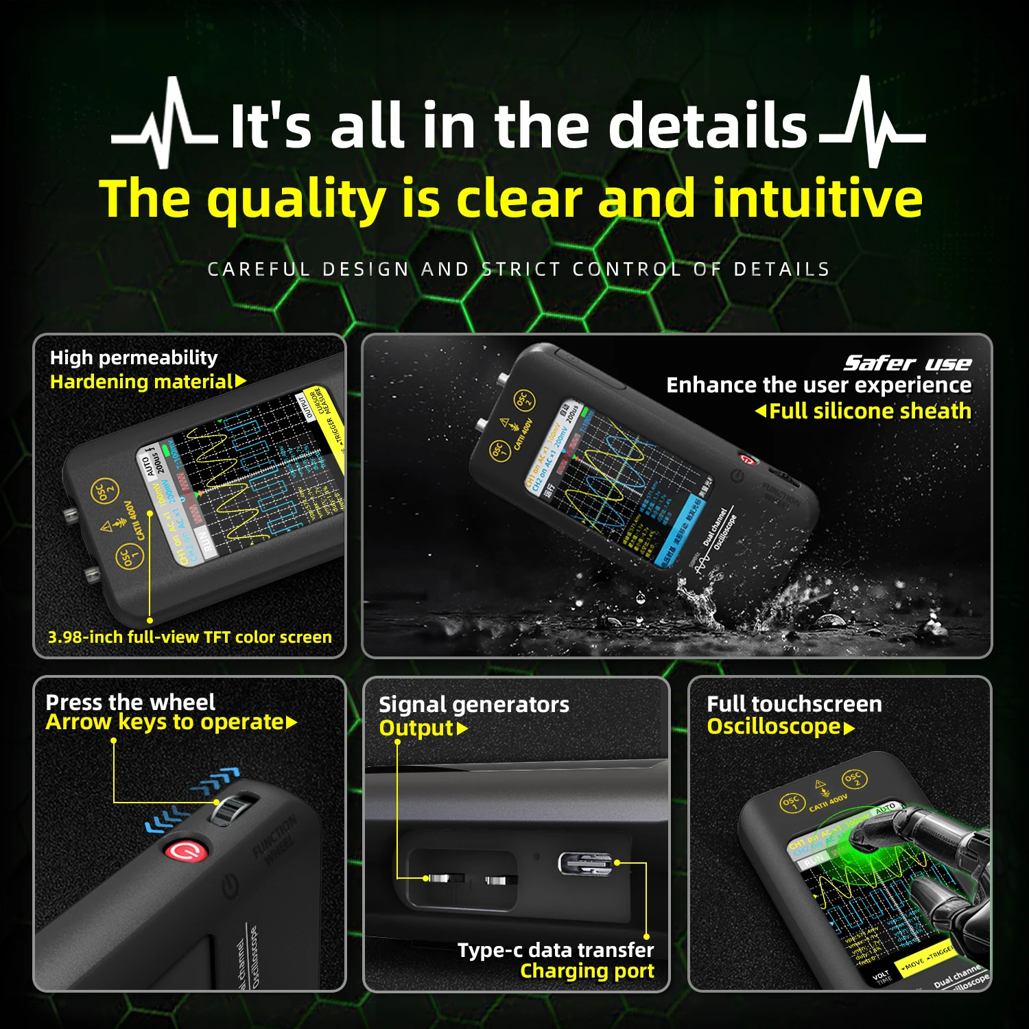 BSIDE Handheld Touchscreen Oscilloscope + Signal Generator, 3.98 Inch Dual Channel 50MHz Digital Oscilloscope Waveform Tester