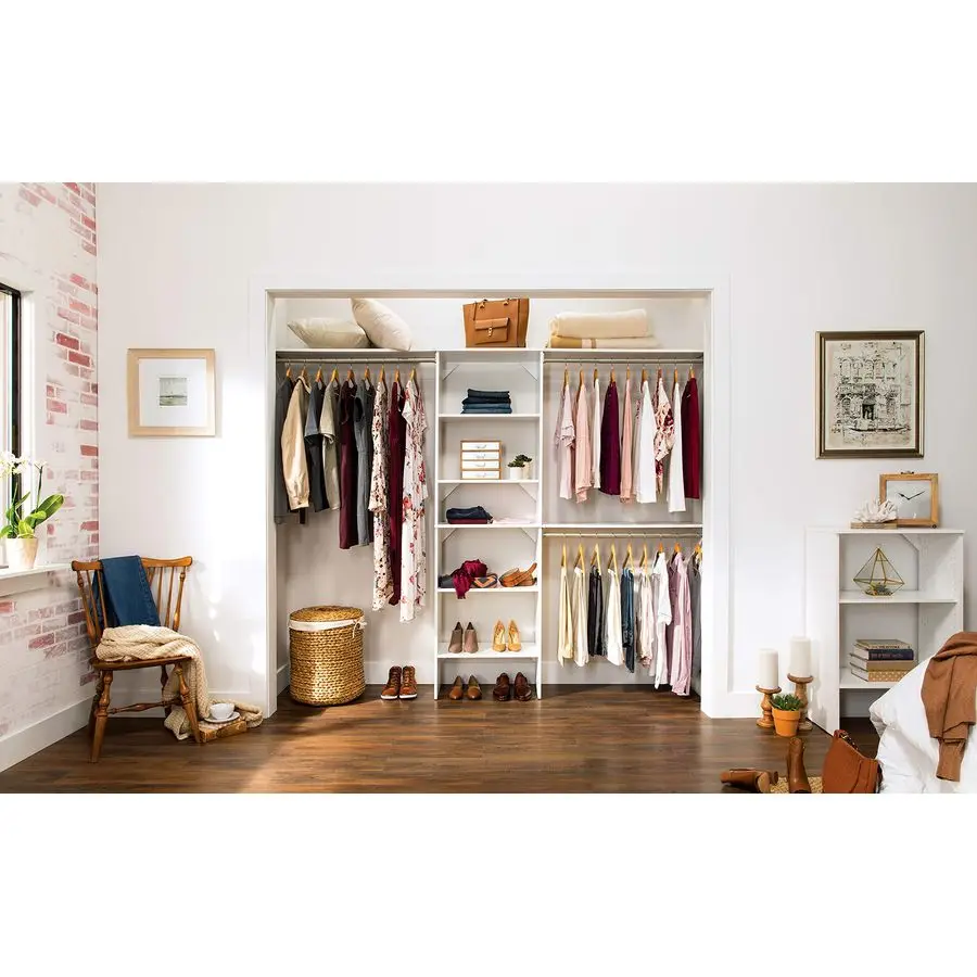 مجموعة أدوات تنظيم الخزانة الخشبية من SuiteSymphony و3 قضبان تعليق، أرفف، قابلة للتعديل، تناسب المساحات 5 10 أقدام. واسعة، بيضاء نقية #3