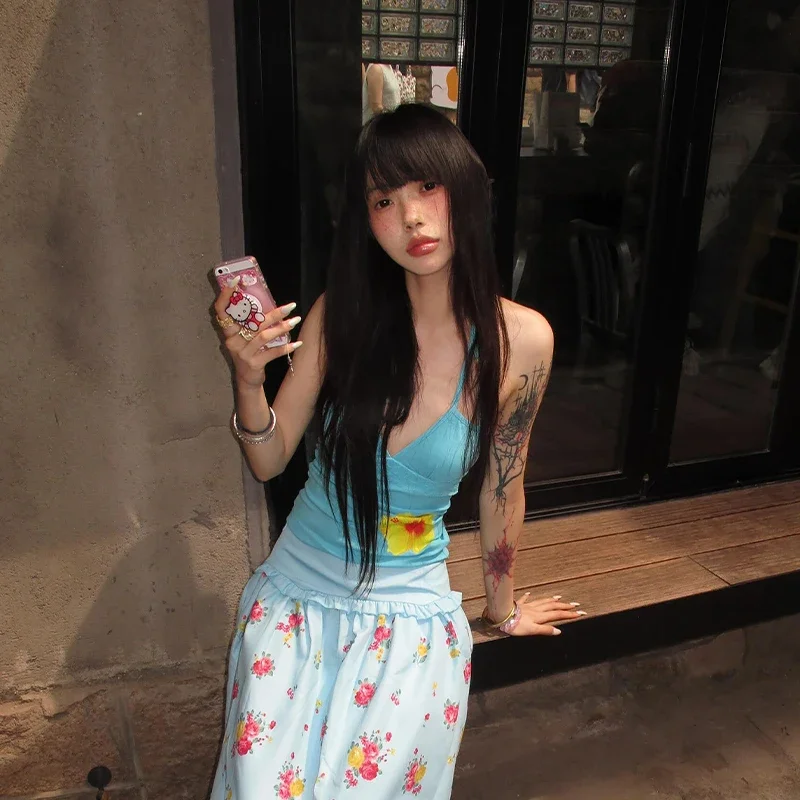 여성용 꽃무늬 프린트 홀터넥 V넥 섹시한 여름 휴가 민소매 캐미솔 탑