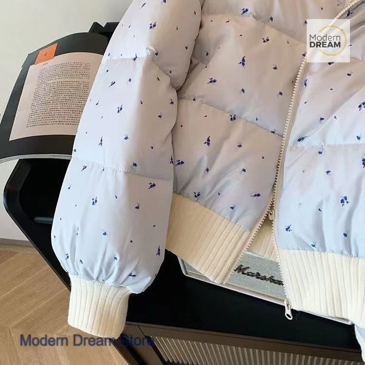 French style sweet floral lapel cotton-padded jacket coat women's autumn and winter design stitching zipper cotton-padded jacket