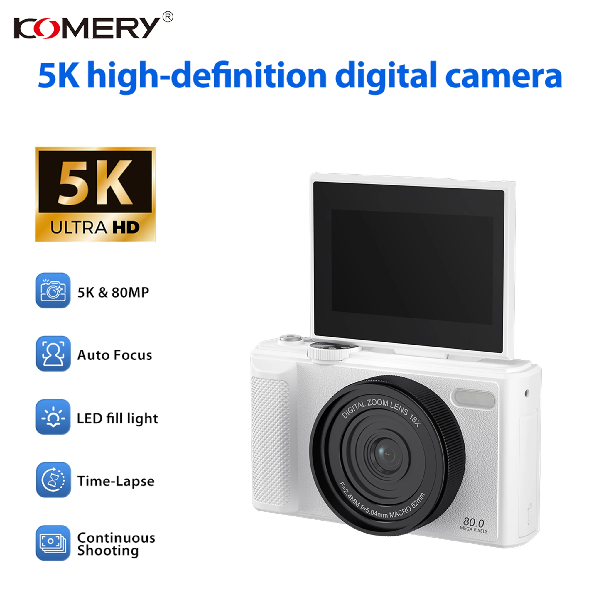 

Цифровая камера KOMERY 5K с высоким разрешением, разрешение 8 мегапикселей, 18-кратный цифровой зум, автофокус, светодиодная подсветка, таймлапс-съемка.