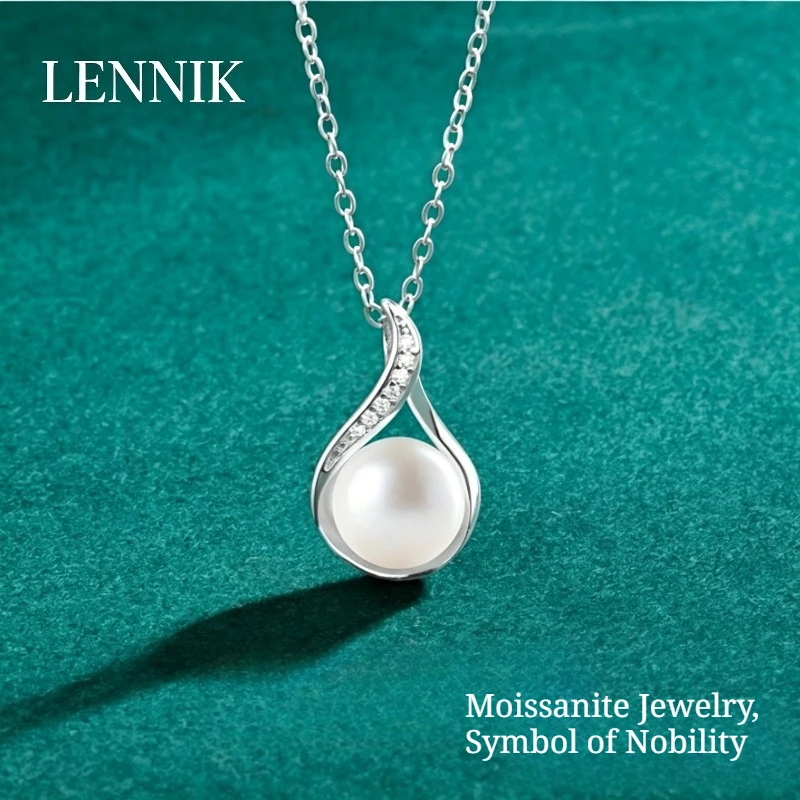 LENNIK S925 Sterling Silver Natural Freshwater Pearl Moissanite Pendant Necklace Light Luxury Versatile Clavicle Chain For Women