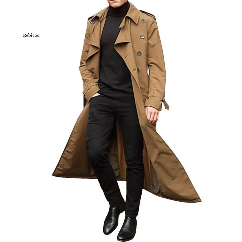 

British Style Trench Coat Men Double-breasted Lapel Windbreaker Western Style Male Long Jacket Outerwear Autumn 2021