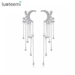 LUOTEEMI Brand Statement Shiny CZ Stars Around Moon Long Tassel Chain Dangle Earrings for Women Girl Party Fashion Accessories