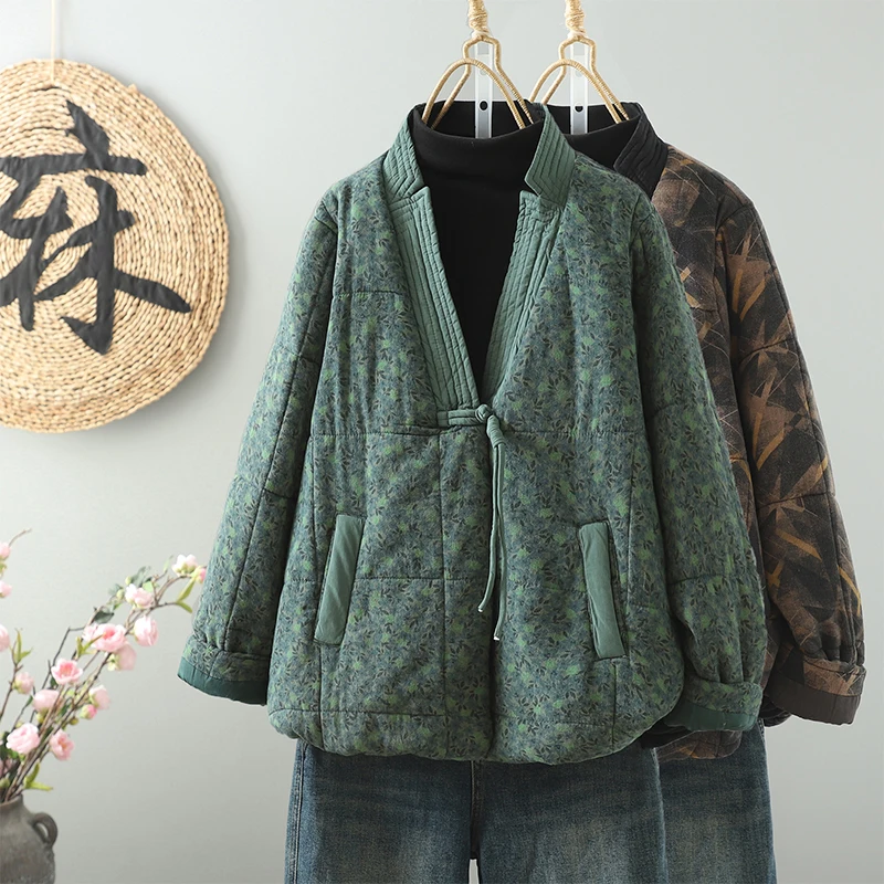 

High-End Retro Floral Cotton Jacket Loose V-Neck Button-Up Chinese Style Cotton Vest Outerwear Thickened Long Sleeve Women's ...