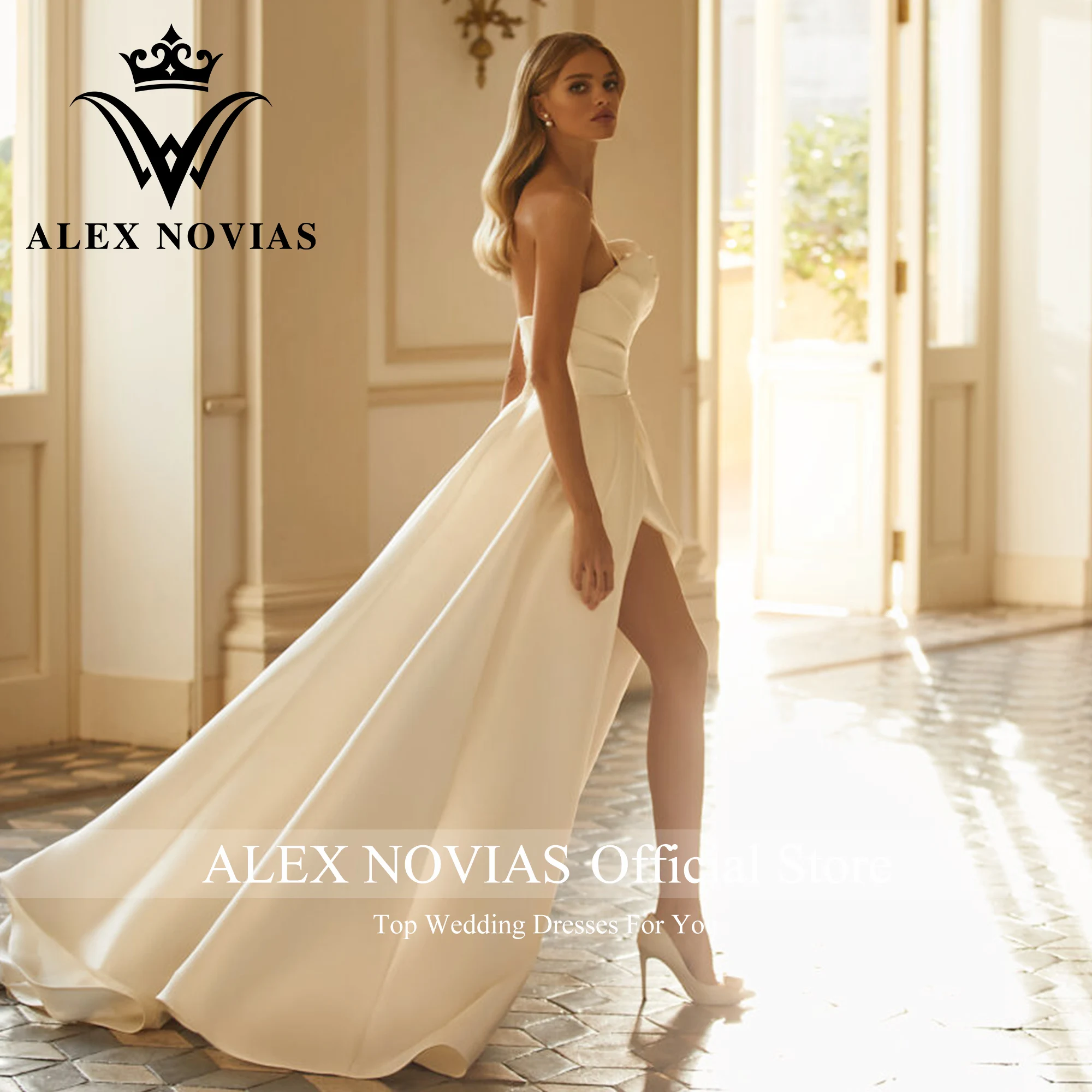 ALEX NOVIAS A-Line Wedding Dress High Quality 2023 Strapless Thigh Split Pleat Brush Train Satin Dress Vestidos Novias De Saten