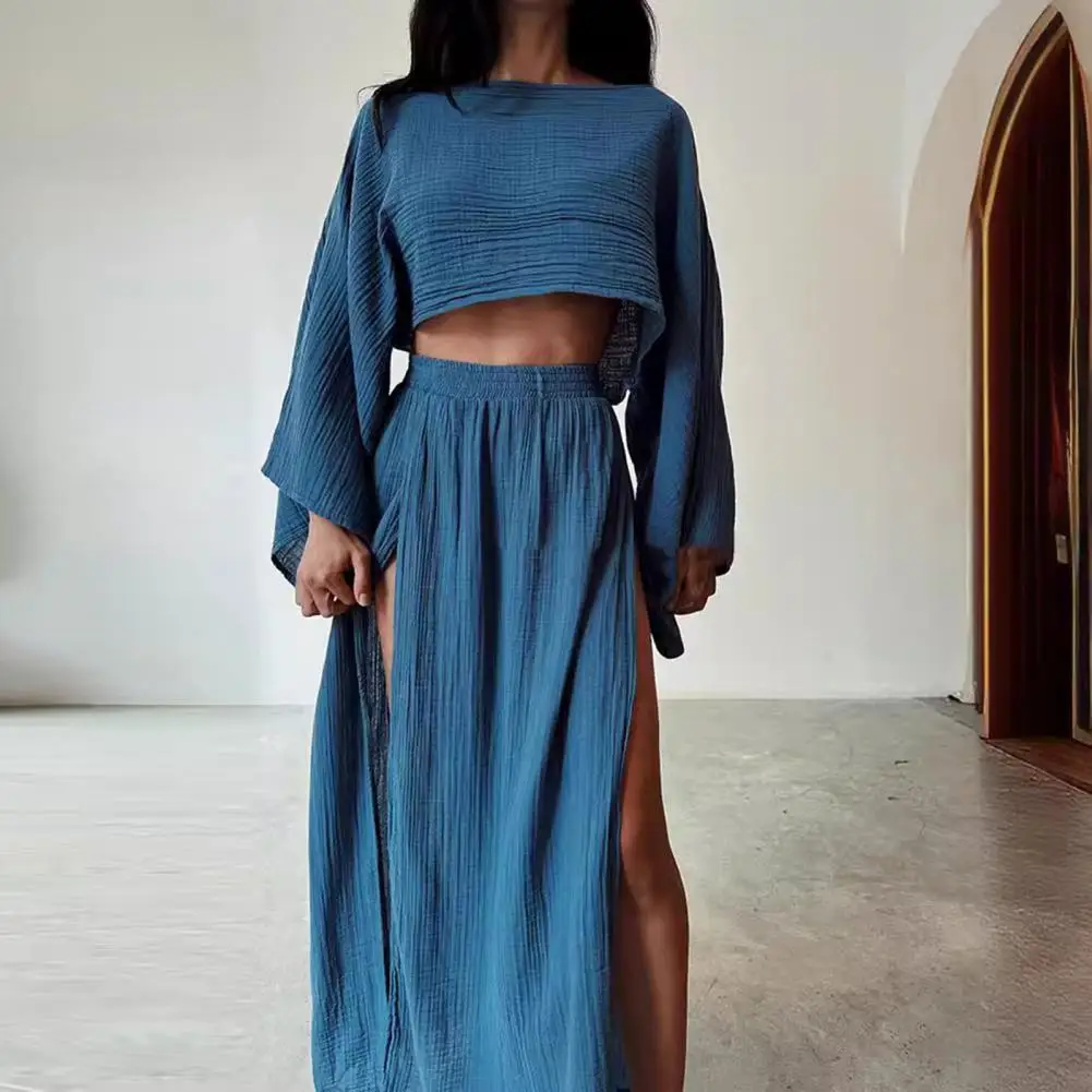 

Women Crop Top Skirt Set Slant Neck Crop Top Skirt Set Stylish Women's Crop Top Skirt Set with Long Sleeve Slant for Vacation