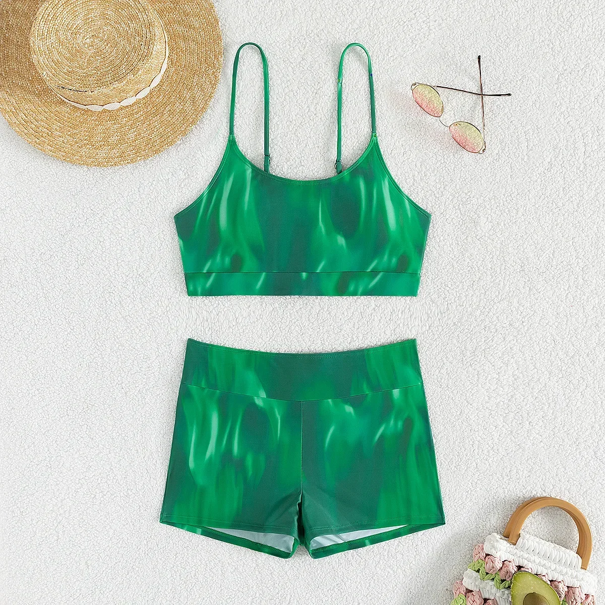 2024 그린 그라디언트 여성 수영복, 여름 새로운 하이 웨이스트 2 피스 Tankini 비키니, 섹시한 서스펜더 백 레스 여름 수영복