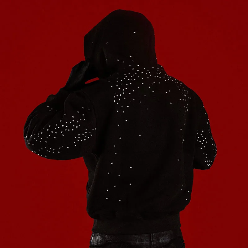 Autumn Winter American Hip Hop Vintage Long Sleeved Hoodie Dark Gothic Cross Applique Decorated Zipper Cardigan High Street Coat