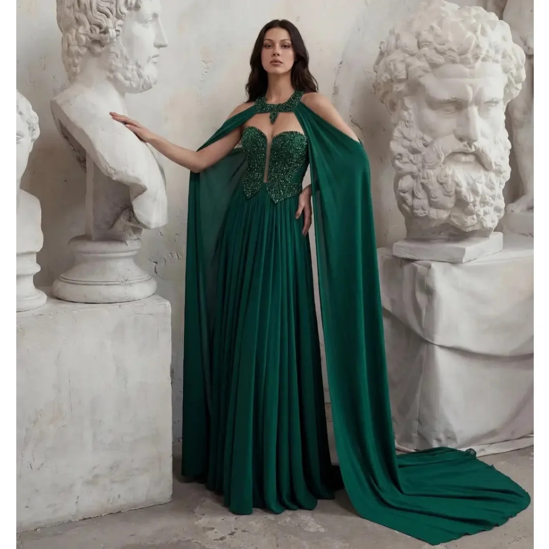 Exquisite Hunter Green Evening Dresses Lace Sequined Pleat Prom Dress Shawl Party Gown Cloak Gala Vestidos Customized